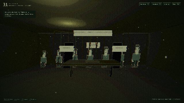 The record room: a long table with cardboard figures and two dark doors